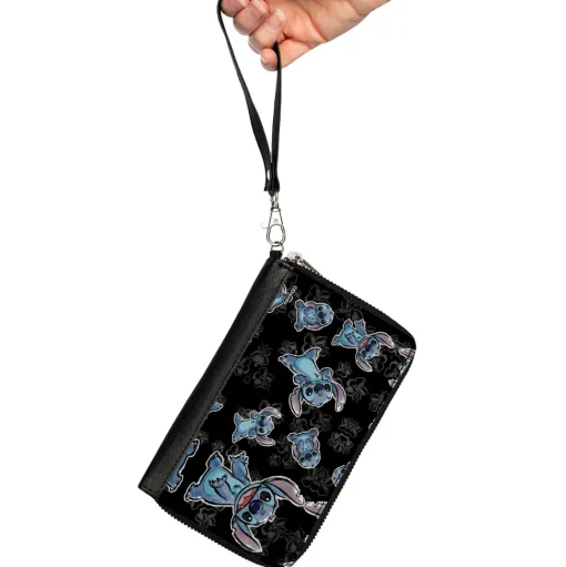 PU Zip Around Wallet Rectangle - Stitch 3-Poses Scattered/Hibiscus Sketch Black/Grays
