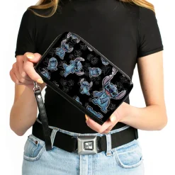 PU Zip Around Wallet Rectangle - Stitch 3-Poses Scattered/Hibiscus Sketch Black/Grays