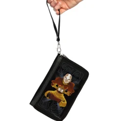 PU Zip Around Wallet Rectangle - Avatar the Last Airbender Aang Meditating Pose Bending Elements Icons Black Grays
