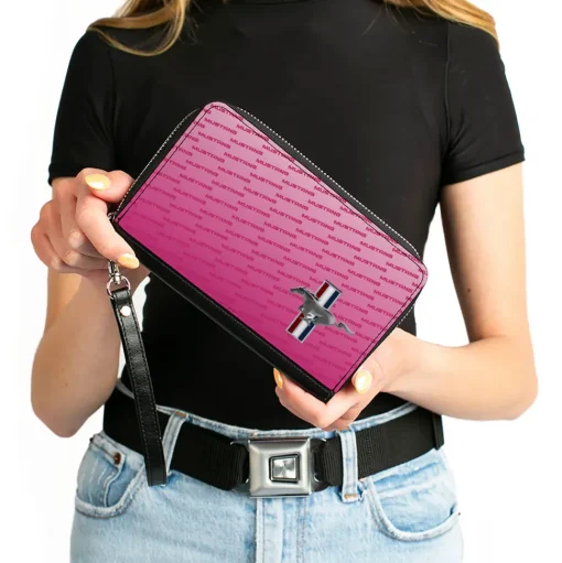 PU Zip Around Wallet Rectangle - Ford Mustang w/Bars CORNER w/Text Pinks