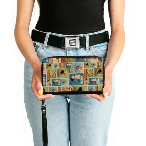 PU Zip Around Wallet Rectangle - Moana Character Pose Blocks Collage