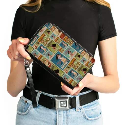 PU Zip Around Wallet Rectangle - Moana Character Pose Blocks Collage