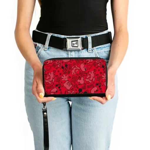 PU Zip Around Wallet Rectangle - Mickey Mouse Icon Doodles Collage Reds/Black