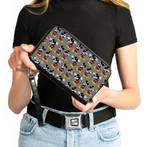 PU Zip Around Wallet Rectangle - Nerdy Mickey Mouse 3-Pose Stripe Gray