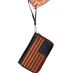 PU Zip Around Wallet Rectangle - American Flag Weathered Single