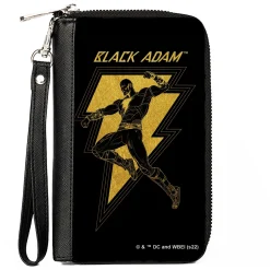 PU Zip Around Wallet Rectangle - BLACK ADAM Lightning Bolt and Action Pose Black Yellows