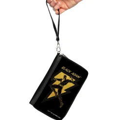 PU Zip Around Wallet Rectangle - BLACK ADAM Lightning Bolt and Action Pose Black Yellows