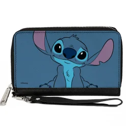 PU Zip Around Wallet Rectangle - Lilo & Stitch Stitch Sweet Smiling Pose CLOSE-UP Blues