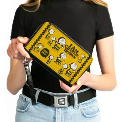 PU Zip Around Wallet Rectangle - Peanuts I AM CHARLIE BROWN Poses and Zig Zag Stripe Yellows/Black