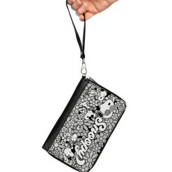 PU Zip Around Wallet Rectangle - Snoopy Poses and Daisy Flowers Collage Black/Grays/White