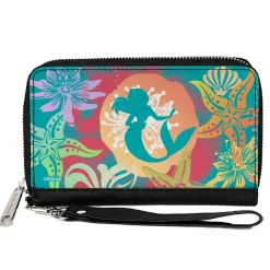 PU Zip Around Wallet Rectangle - Ariel Pose Silhouette/Shells & Sea Flowers Collage Aqua Blue/Multi Color