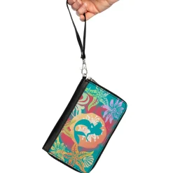 PU Zip Around Wallet Rectangle - Ariel Pose Silhouette/Shells & Sea Flowers Collage Aqua Blue/Multi Color