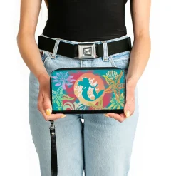 PU Zip Around Wallet Rectangle - Ariel Pose Silhouette/Shells & Sea Flowers Collage Aqua Blue/Multi Color