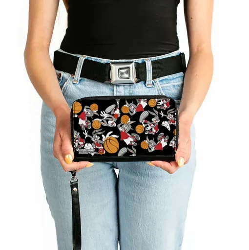 PU Zip Around Wallet Rectangle - Bugs Bunny Basketball Poses Scattered Black