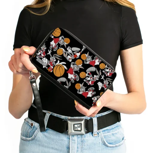 PU Zip Around Wallet Rectangle - Bugs Bunny Basketball Poses Scattered Black