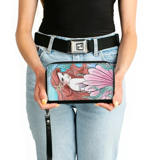 PU Zip Around Wallet Rectangle - The Little Mermaid Ariel Over Shoulder Sketch Pose Blues/Pinks