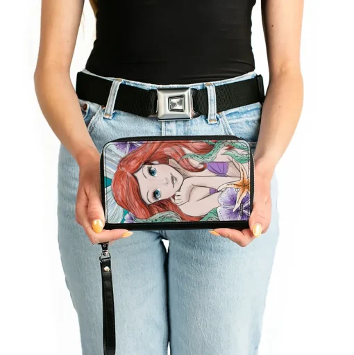PU Zip Around Wallet Rectangle - The Little Mermaid Ariel Sketch3 Pose + King Triton's Castle/Shells/Kelp Blues/Purples