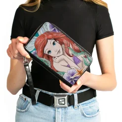 PU Zip Around Wallet Rectangle - The Little Mermaid Ariel Sketch3 Pose + King Triton's Castle/Shells/Kelp Blues/Purples