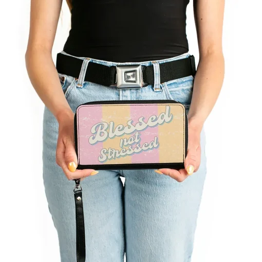 PU Zip Around Wallet Rectangle - BLESSED NOT STRESSED Quote Stripe Orange Pink White