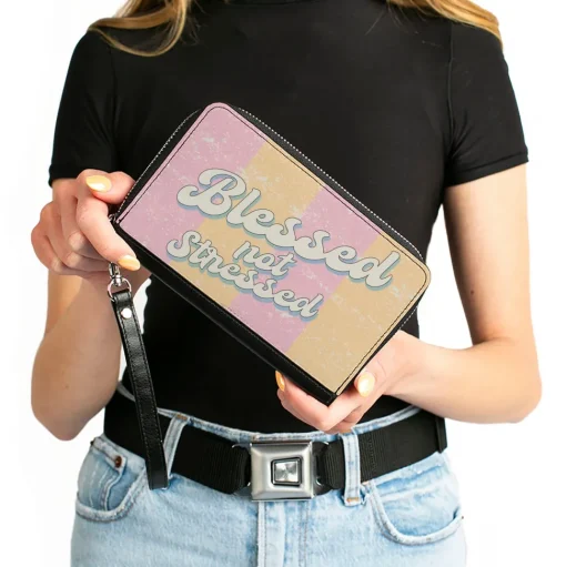 PU Zip Around Wallet Rectangle - BLESSED NOT STRESSED Quote Stripe Orange Pink White