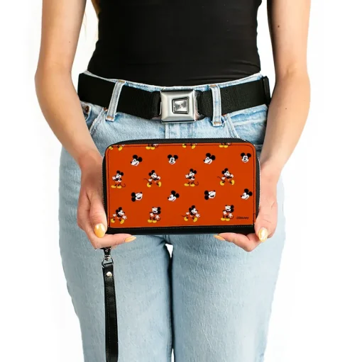 PU Zip Around Wallet Rectangle - Mickey Mouse Poses and Expressions Scattered Red