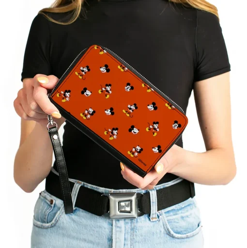 PU Zip Around Wallet Rectangle - Mickey Mouse Poses and Expressions Scattered Red