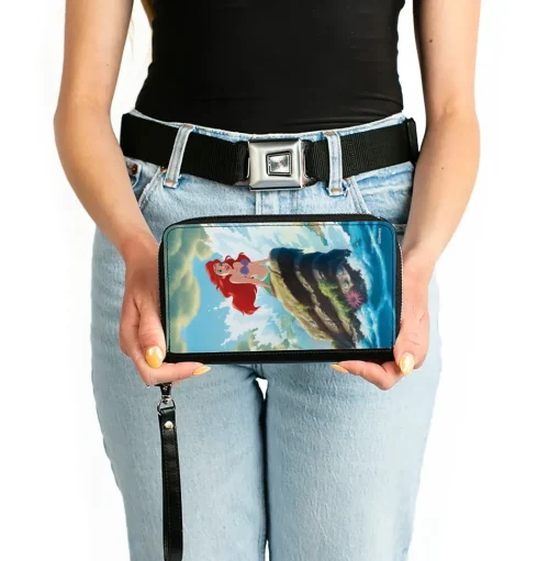 PU Zip Around Wallet Rectangle - The Little Mermaid Ariel Splash Rock Pose