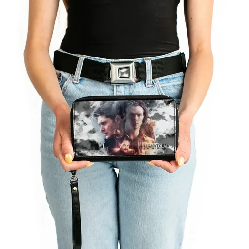 PU Zip Around Wallet Rectangle - Supernatural 4-Character Collage in Clouds Grays/Sepia