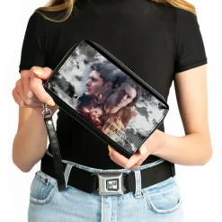 PU Zip Around Wallet Rectangle - Supernatural 4-Character Collage in Clouds Grays/Sepia