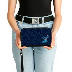 PU Zip Around Wallet Rectangle - Stitch Winking Pose/Tropical Flora Blues