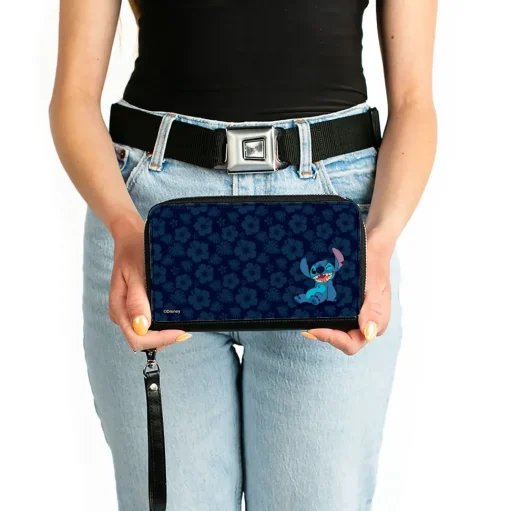 PU Zip Around Wallet Rectangle - Stitch Winking Pose/Tropical Flora Blues