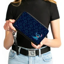 PU Zip Around Wallet Rectangle - Stitch Winking Pose/Tropical Flora Blues