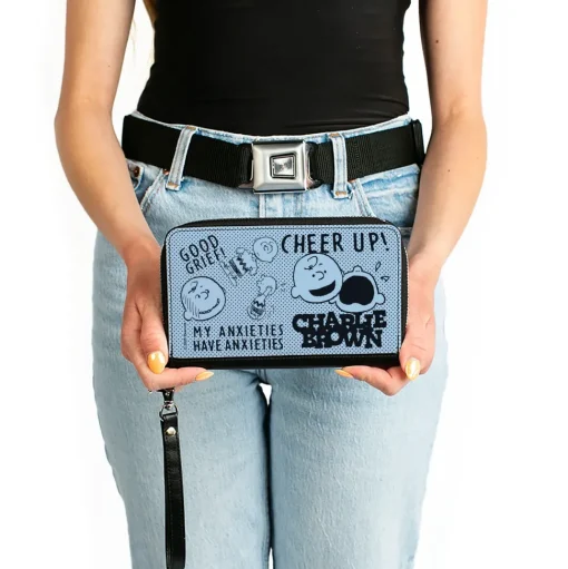 PU Zip Around Wallet Rectangle - CHARLIE BROWN Poses and Quotes Baby Blue/Black