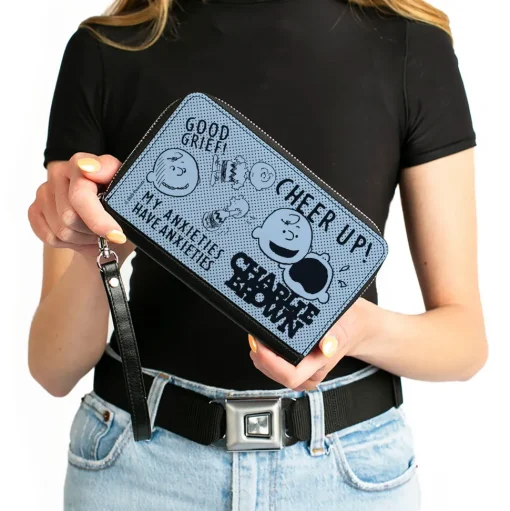 PU Zip Around Wallet Rectangle - CHARLIE BROWN Poses and Quotes Baby Blue/Black