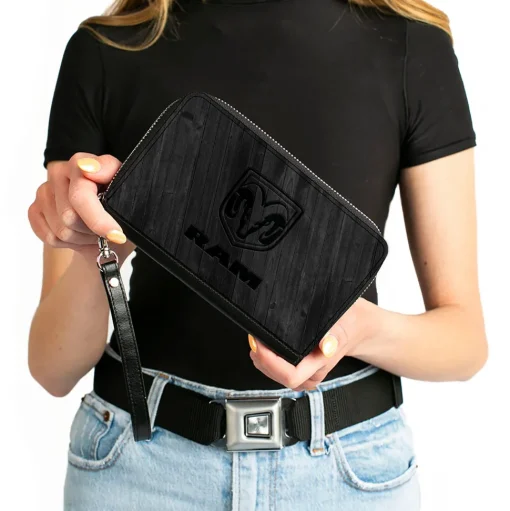 PU Zip Around Wallet Rectangle - RAM Logo Wood Grain Grays