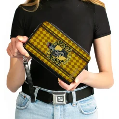 PU Zip Around Wallet Rectangle - HUFFLEPUFF Crest Stripes/Diamonds Gold/Browns