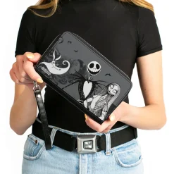 PU Zip Around Wallet Rectangle - The Nightmare Before Christmas Jack Sally and Zero Cemetery Scene Grays