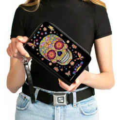 PU Zip Around Wallet Rectangle - Mariposa Calaveras/Butterflies/Flowers Black/Multi Color