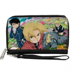 PU Zip Around Wallet Rectangle - Fullmetal Alchemist Brotherhood Four Character and Cat Group Scene
