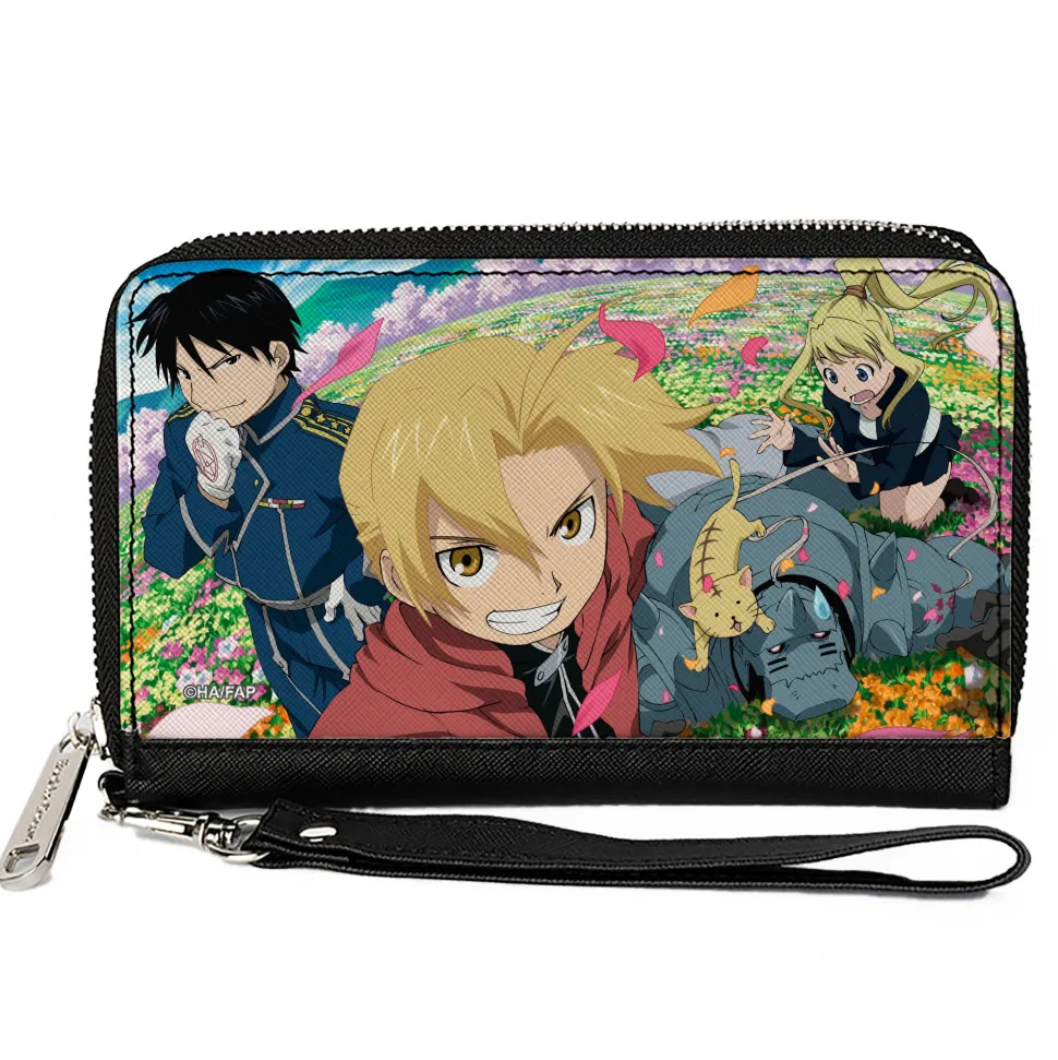 PU Zip Around Wallet Rectangle - Fullmetal Alchemist Brotherhood Four Character and Cat Group Scene
