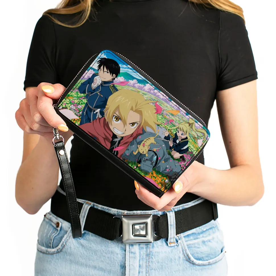 PU Zip Around Wallet Rectangle - Fullmetal Alchemist Brotherhood Four Character and Cat Group Scene