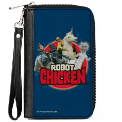 PU Zip Around Wallet Rectangle - ROBOT CHICKEN Title Logo and Group Pose Blue