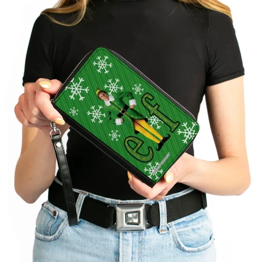 PU Zip Around Wallet Rectangle - Elf Buddy the Elf Logo Pose Snowflakes Greens/White