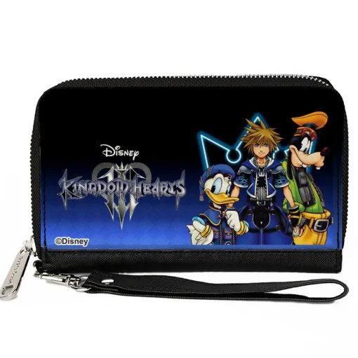 PU Zip Around Wallet Rectangle - Kingdom Hearts Donald Sora and Goofy Group Pose Blue Fade