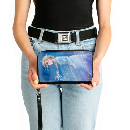 PU Zip Around Wallet Rectangle - Frozen Elsa Pose Swirling Snowflakes Blues