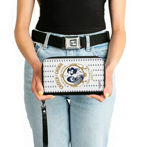 PU Zip Around Wallet Rectangle - CHEECH & CHONG Rolling Papers Mirror Pot Leaves White/Blue/Gold