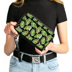 PU Zip Around Wallet Rectangle - Rick and Morty Portal Multi Character Scattered Black/Green