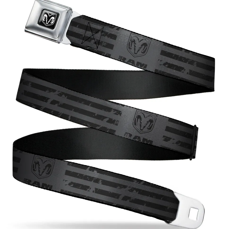 RAM Logo Full Color Black/White Seatbelt Belt - Ram Logo Americana Stripes Weathered Gray/Black Webbing