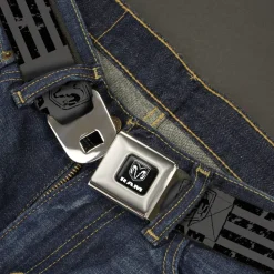 RAM Logo Full Color Black/White Seatbelt Belt - Ram Logo Americana Stripes Weathered Gray/Black Webbing