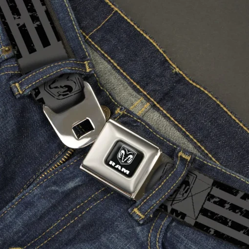 RAM Logo Full Color Black/White Seatbelt Belt - Ram Logo Americana Stripes Weathered Gray/Black Webbing